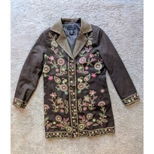 VTG Silkland S Women 100% Silk Brown Floral Jacket Embroidered Collared Lined